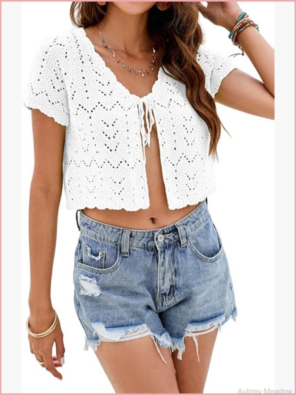 Crochet Cardigan Women Summer Beach Crop Top Short Sleeve Tie Front Lightweight